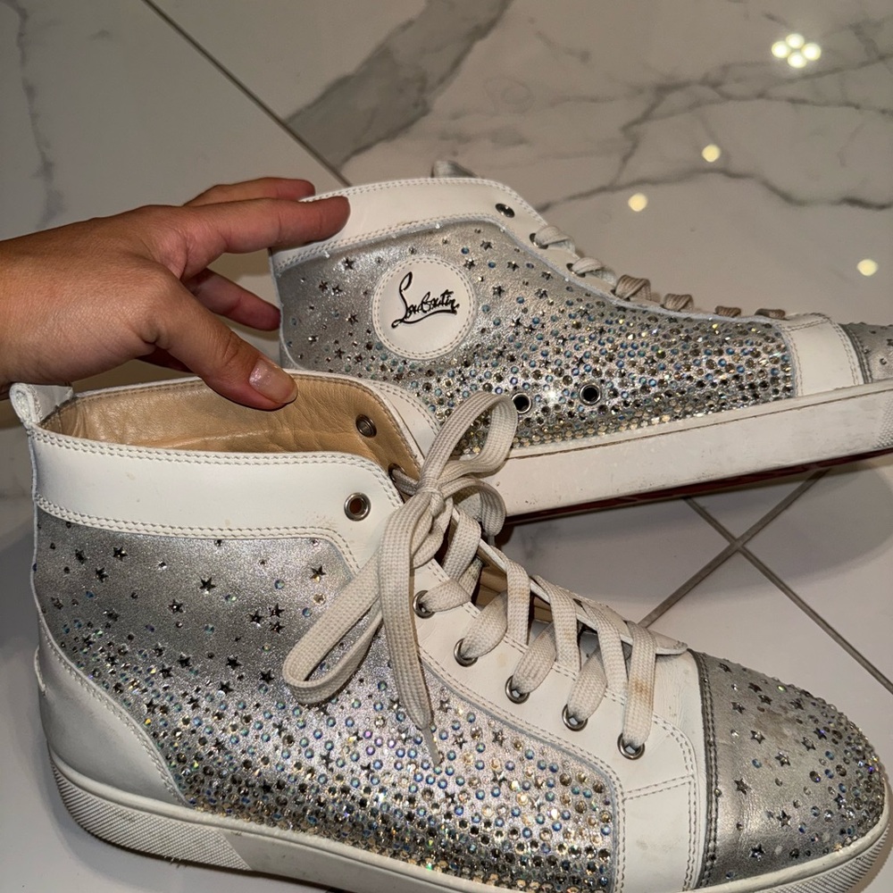 Christian Louboutin Silver and White Star-Studded Sneakers